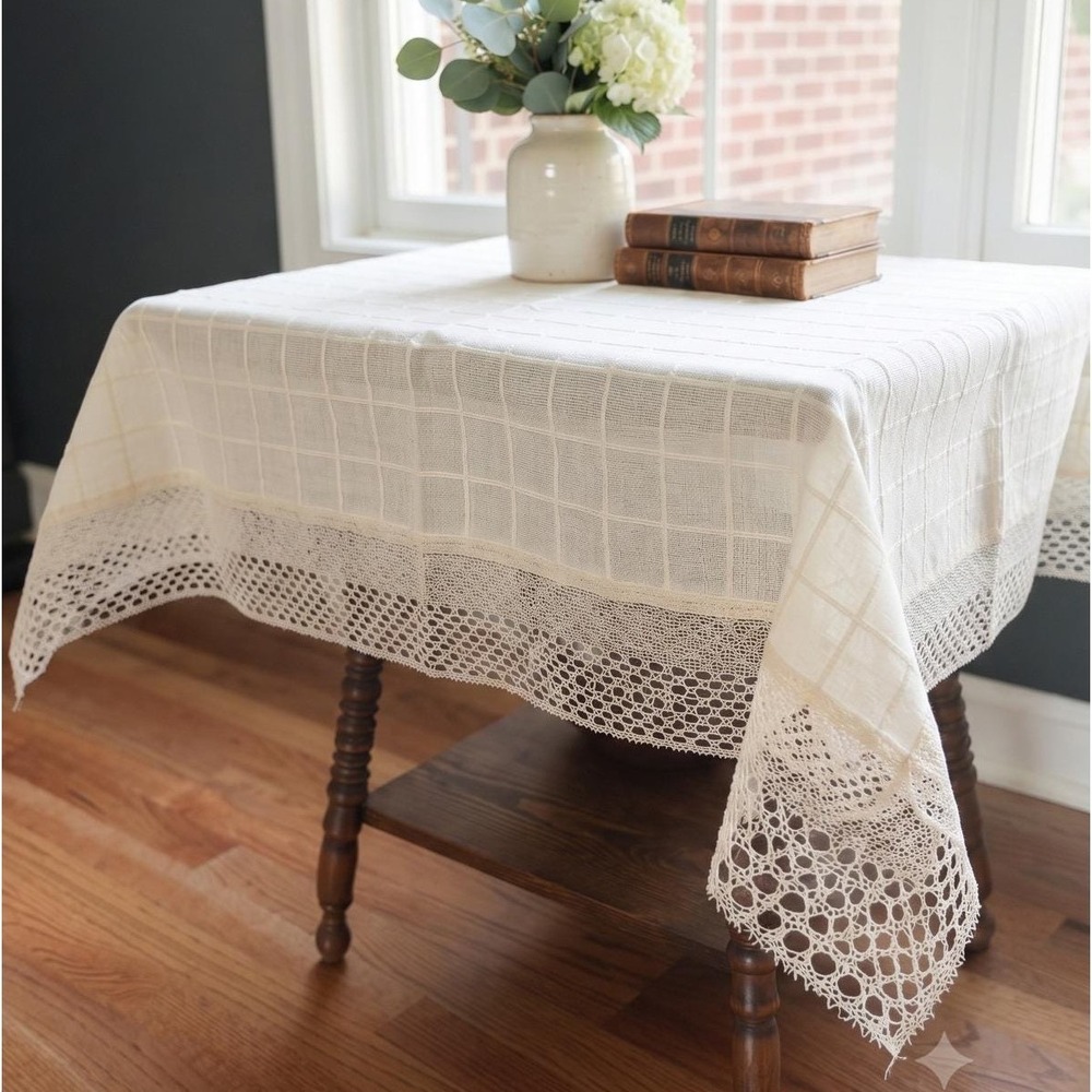 Vintage Square 3x3 ft‎ Cream Tablecloth Crochet Lace Trim Windowpane Linen